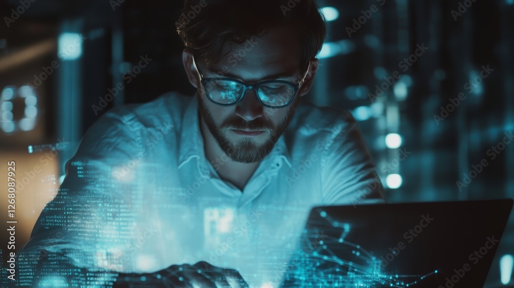 Poster focused programmer working late night on software development project modern technology digital data