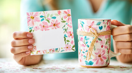 Close-up of female hands holding a greeting card,space for text