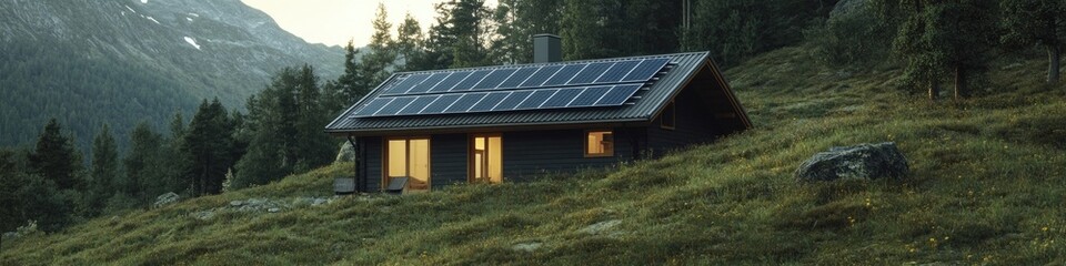 A small wooden cabin with a solar panel installed on the roof, suitable for use as an illustration or design element