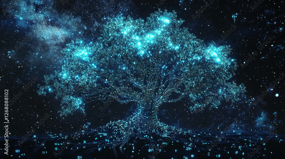 Poster a glowing tree formed with digital circuitry against a starry cosmic background, symbolizing the fus