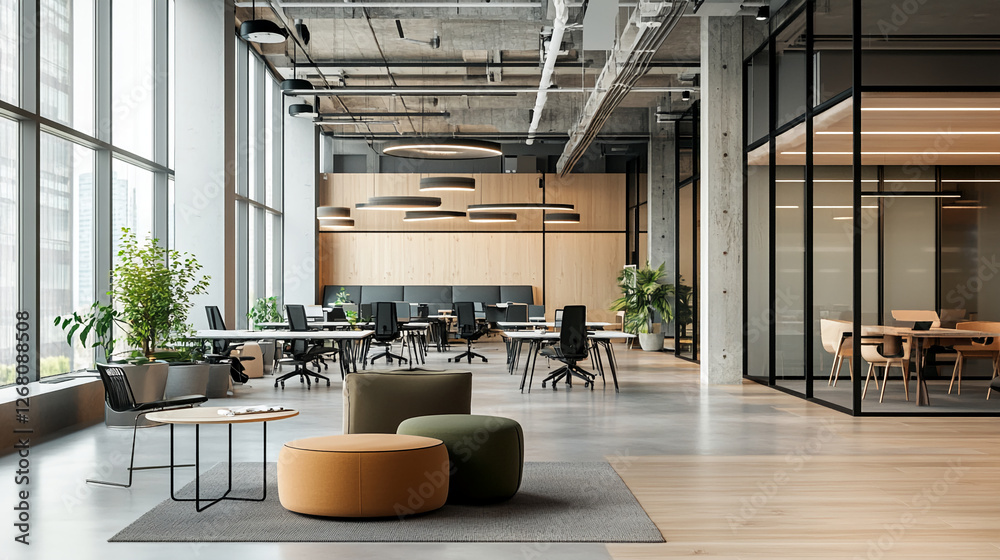 Poster Modern office space with a stylish and functional design, featuring open desks, large windows with city views, plants, and a meeting area. Represents a productive and creative work environment.