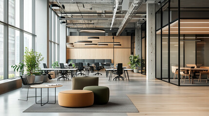 Modern office space with a stylish and functional design, featuring open desks, large windows with city views, plants, and a meeting area. Represents a productive and creative work environment.