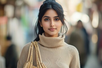 Fototapeta premium A woman wearing a turtle neck sweater looks directly at the camera