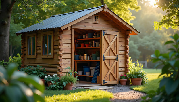 Un cobertizo de jard&iacute;n r&uacute;stico de madera con la puerta abierta, la luz del sol entrando e iluminando herramientas y suministros de jardiner&iacute;a en el interior.