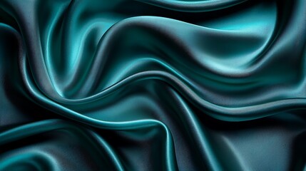 Fototapeta premium Teal silk fabric drapes, studio shot, smooth waves, dark background, textile design