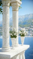 Fototapeta premium Elegant floral arrangements in classic urns by scenic coastal columns with stunning mountain view