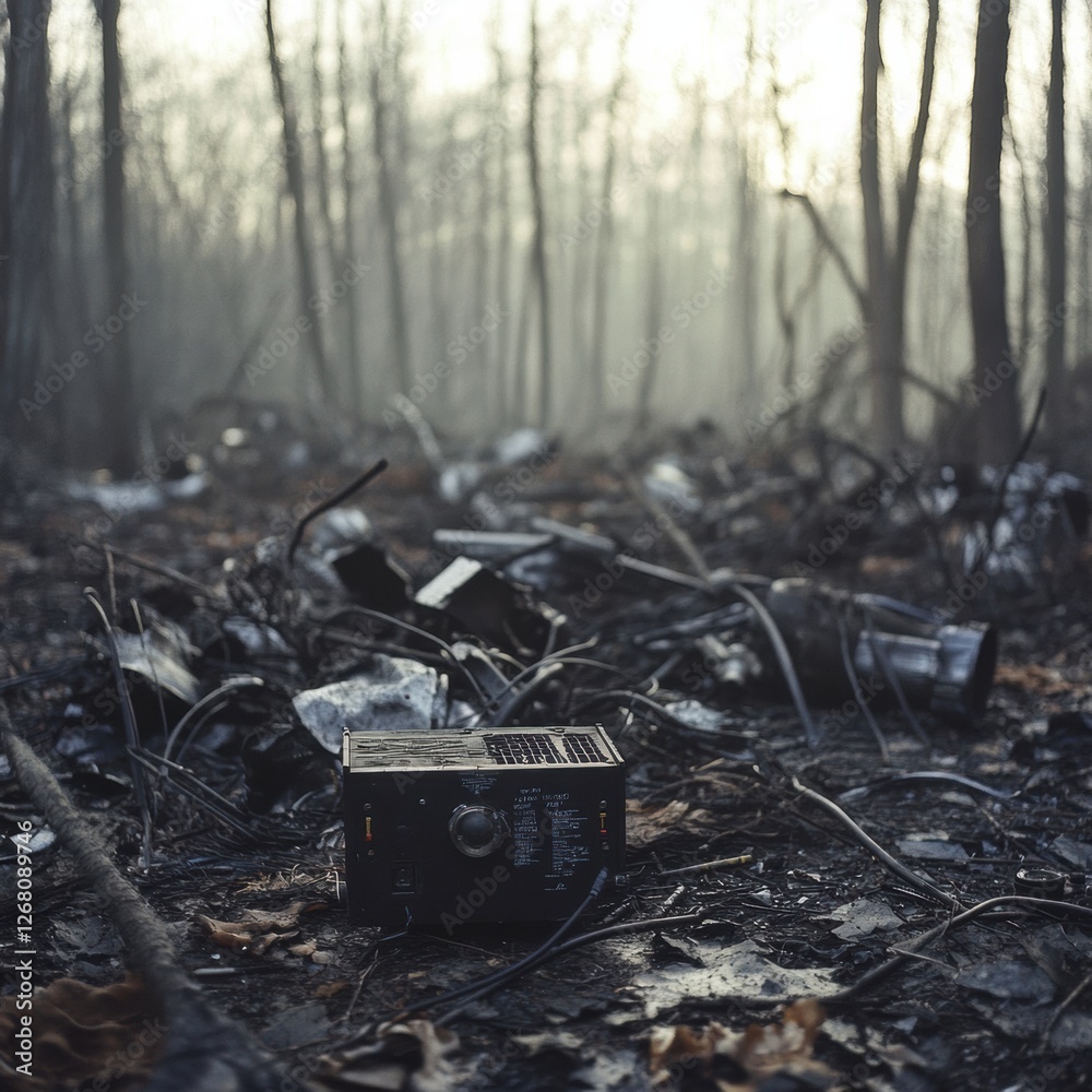 Poster black box recorder found among scattered airplane debris in a dense forest after a crash incident. g