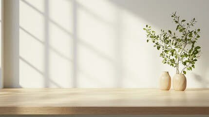 Minimalist indoor scene with two vases and greenery casting shadows on wooden table—bright, natural light and clean aesthetic
