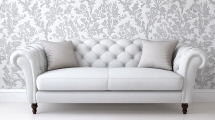 Fototapeta premium Elegant Grey Damask Patterned Couch with Two Pillows in a Stylish Interior Setting