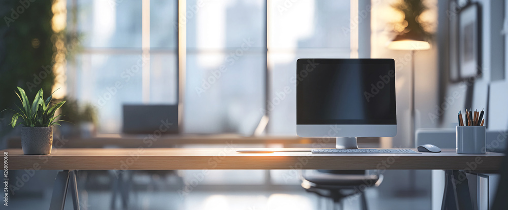 Poster minimalist office workspace with a computer, a plant, and a calm lighting atmosphere, symbolizing pr