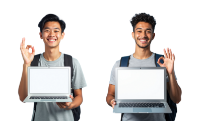 Two Diverse Smiling Male Students Holding Laptops with Blank Screens and Making OK Hand Gestures on Isolated White Background