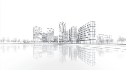 Minimalistic Black and White Cityscape Reflection Across Calm Water Surface