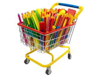 Shopping cart filled with school supplies, ideal for back-to-school shopping themes.