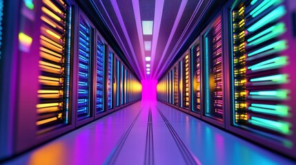 Fototapeta premium Illuminated Data Center in Cyberpunk Style featuring Rows of Servers with Neon Lighting
