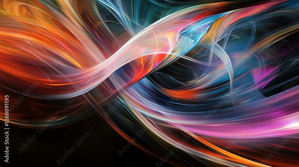 Poster abstract swirling lines with vibrant red, blue, and purple tones creating a dynamic and futuristic v