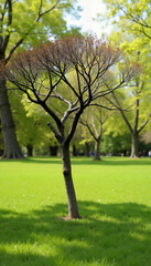 Obraz premium Single tree with a unique shape and bare branches in a lush green park