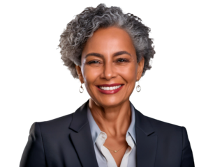 A professional headshot of a smiling elderly African American woman in a suit, isolated against a transparent background.