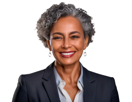 A professional headshot of a smiling elderly African American woman in a suit, isolated against a transparent background.