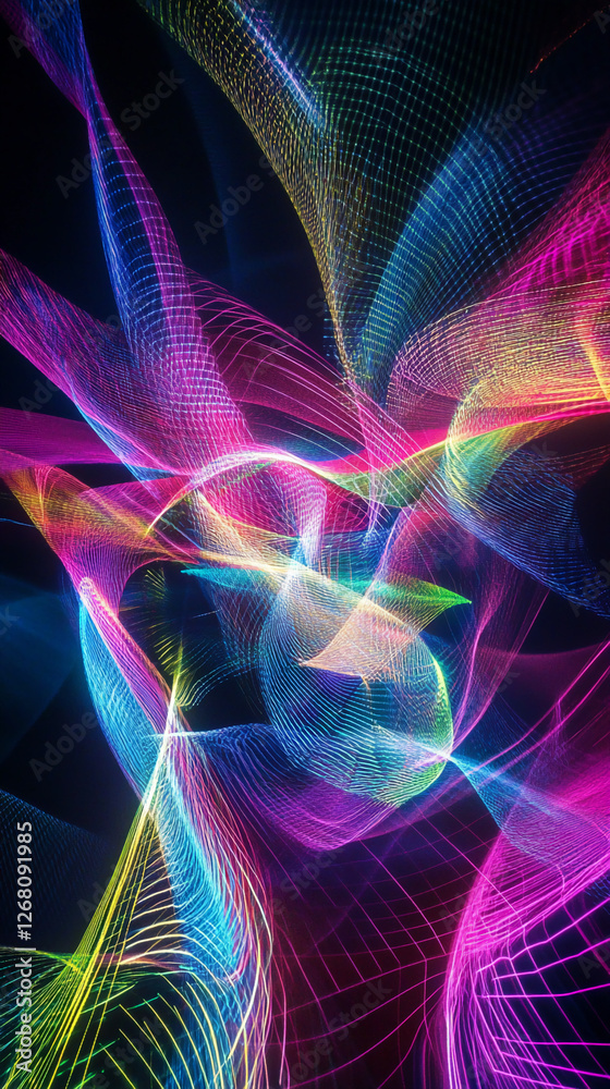 Poster abstract neon light waves and colorful flowing lines in vibrant shades of pink, blue, and yellow cre