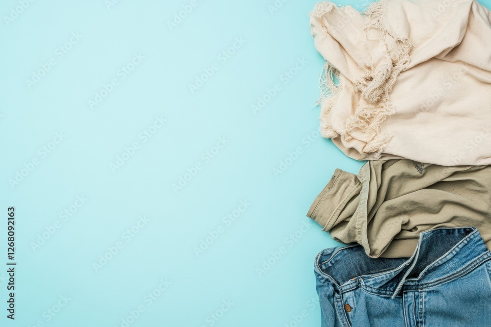 Aufkleber Comparison of dirty and freshly laundered clothes on a light blue background with space for additional text. Generative AI