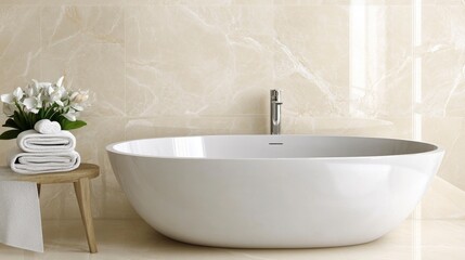 Modern Bathroom Interior with Oval Bathtub Marble Walls and Neutral Color Scheme