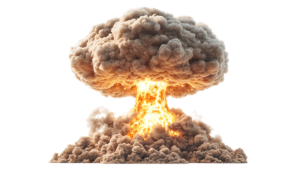 Mushroom cloud explosion test site visual effects dense smoke aerial view catastrophe, isolated on white or transparent background