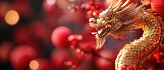 Obraz premium golden dragon statue with red festive background