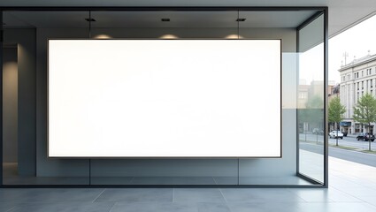 Fototapeta premium Blank white advertising billboard on glass wall of office building street view, poster display mockup