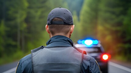Police officer stands watch near patrol car.