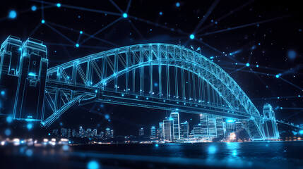 Obraz premium Sydney Harbour Bridge: A futuristic interpretation of the iconic Sydney Harbour Bridge, rendered in a vibrant, digital mesh.