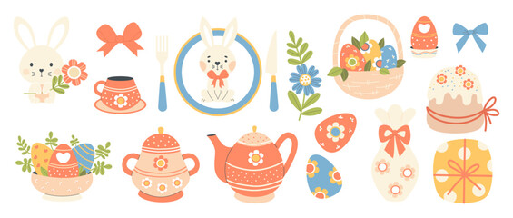 Easter spring decoration set. Cute holiday bunny with flower, paschal eggs, tableware teapot, cups, sugar bowl, food, vase and gift. Isolated festive party elements. Vector illustration