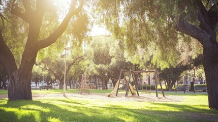 Sunny Park Playground With Swings And Slide
