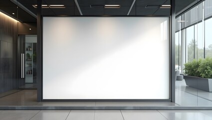 Blank white advertising billboard on glass wall of office building, poster display mockup