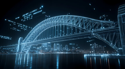 Obraz premium Cyber Cityscape: An ethereal digital rendering of a city skyline, with a prominent bridge illuminated in glowing blue, evokes a sense of futuristic urban progress and technological advancement.