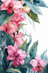 A wedding card design featuring soft watercolor Cattleya flowers in pink hues, framing a horizontal space