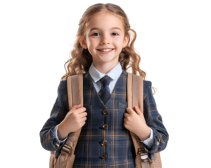 Smiling schoolgirl in uniform with a backpack, ready for school,