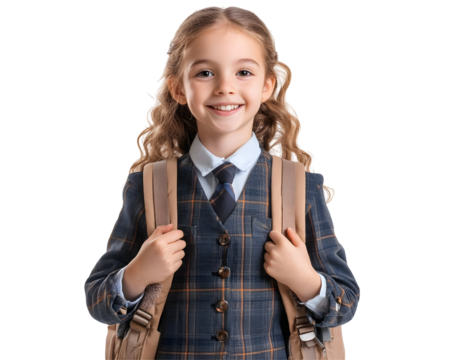 Smiling schoolgirl in uniform with a backpack, ready for school,