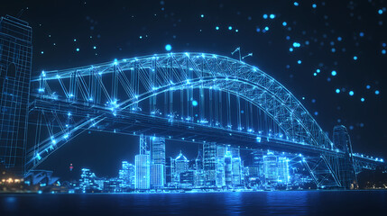 Obraz premium Digital Cityscape: A mesmerizing digital rendering of a futuristic cityscape, with the iconic Sydney Harbour Bridge transformed into a glowing web of interconnected data.