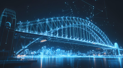Sydney Harbour Bridge in Cyberspace: An iconic landmark, the Sydney Harbour Bridge is digitally transformed into a dazzling network of lines and nodes.
