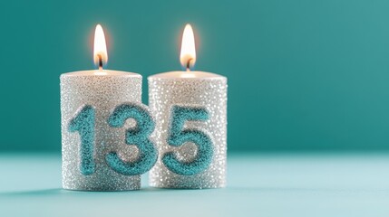 Two Birthday candles numbered 135 on teal background