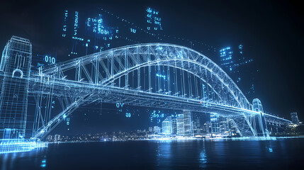 Obraz premium Digital Cityscape: A mesmerizing digital rendering of a famous landmark, possibly the Sydney Harbour Bridge, glows with ethereal blue light.