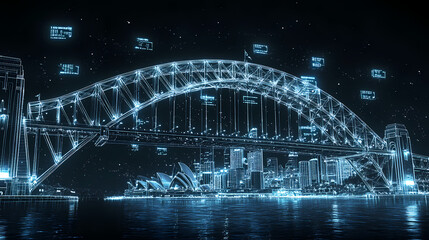 Obraz premium Cyberpunk Sydney: A futuristic, digitally-rendered depiction of Sydney's iconic cityscape, featuring the Sydney Harbour Bridge and Opera House, illuminated in a mesmerizing blue glow.