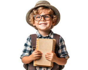 Smiling young boy with a backpack, holding a book,