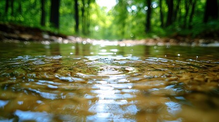 Fototapeta premium Forest stream ripple, water droplet impact, shallow woodland creek, sunlight through trees