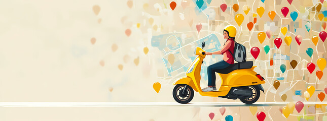 Scooter Delivery Rider: A young woman wearing a helmet rides a yellow scooter against a backdrop of colorful location markers, symbolizing fast and efficient delivery services. 
