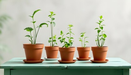 Obraz premium Cinco plantas en macetas sobre una mesa de madera verde