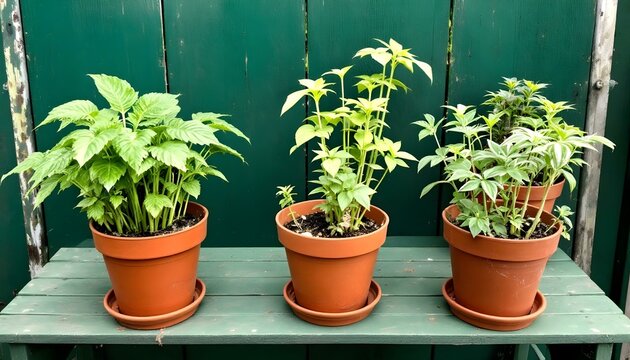 Cinco plantas en macetas sobre una mesa de madera verde