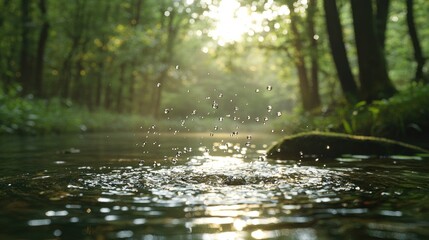 Fototapeta premium Forest stream splashes, sunlight through trees, peaceful scene