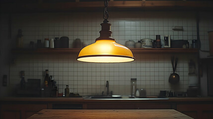 Obraz premium Warm kitchen pendant light illuminates countertop; rustic shelves in background; cozy home interior; ideal for home d?cor