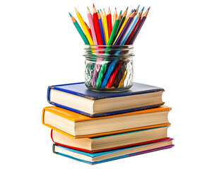 Fototapeta premium Stack of books with a jar of colorful pencils on top, representing education and learning,